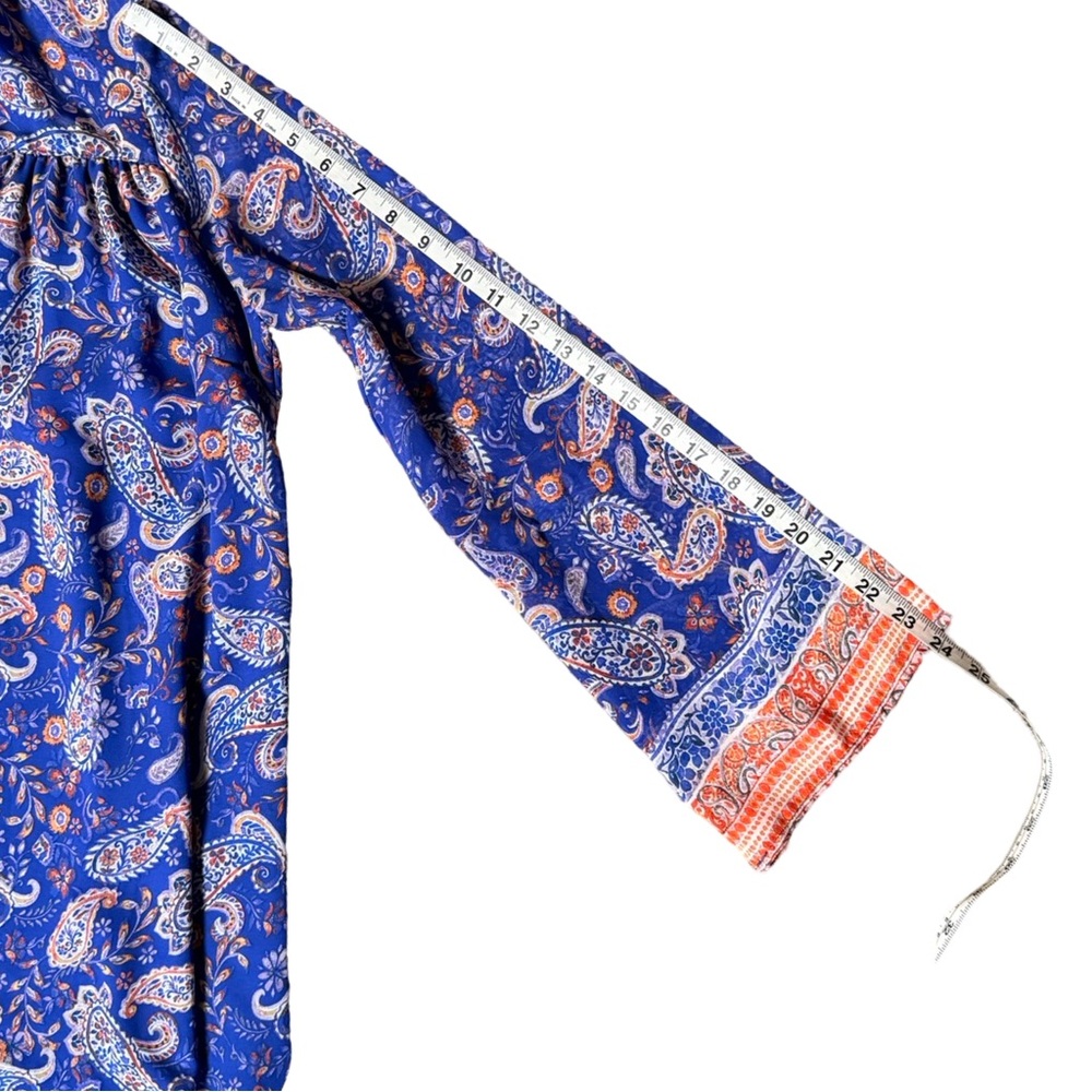 Lost + Wander Blue Paisley Tie-Neck Mini Dress Long Bell Sleeve – Size Small - Picture 12 of 12